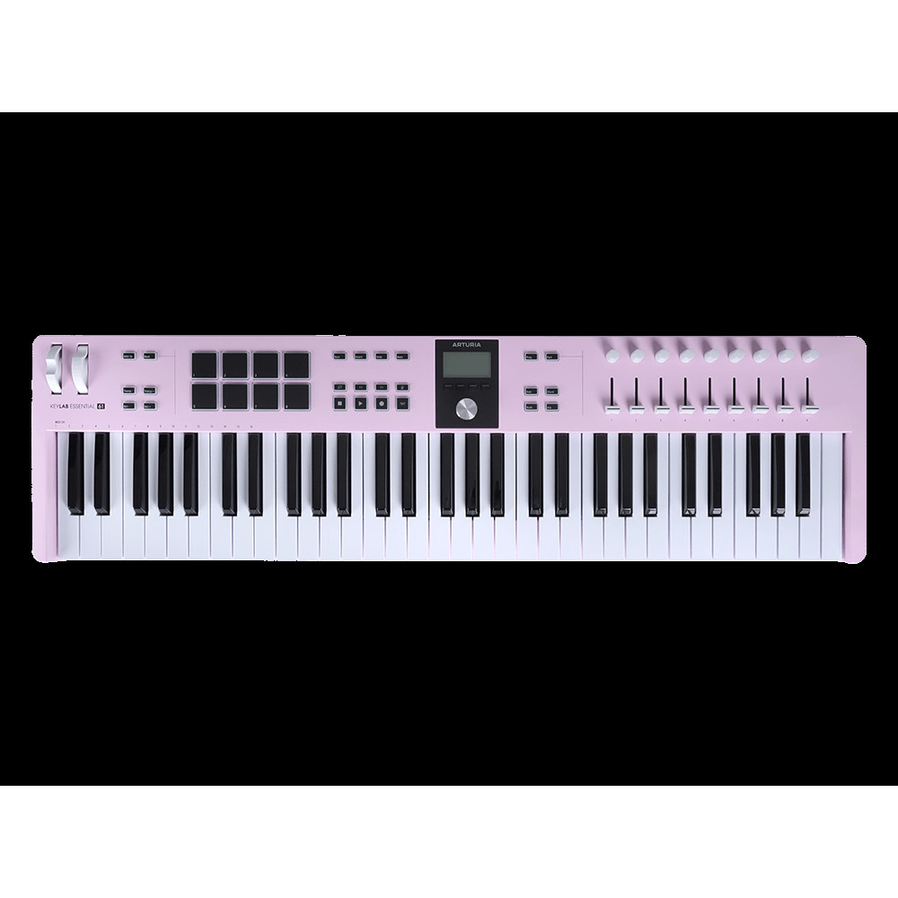 MIDI клавиатура [231535] Arturia [KeyLab Essential 61 mk3 Rose Quartz] 61 клавиша, LCD дисплей, 9 энкодеров, 8 пэдов, 9 фейдеров, 12 кнопок управления, колеса высоты тона и модуляции, 1/4" Jack вход для педали, MIDI выход, Type-C