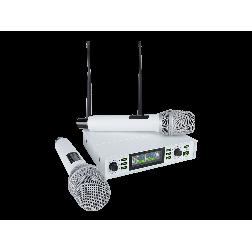 Микрофонная радиосистема Axelvox [DX800SW] UHF 650 - 758 MHz, подавитель обратной связи, цифровая модуляция, LCD дисплей, DSP, ручной микрофон - 2 шт., силиконовые кольца - 2 шт., держатель для микрофона - 2 шт., цвет белый.
