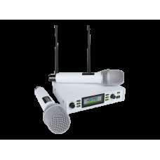 Микрофонная радиосистема Axelvox [DX800SW] UHF 650 - 758 MHz, подавитель обратной связи, цифровая модуляция, LCD дисплей, DSP, ручной микрофон - 2 шт., силиконовые кольца - 2 шт., держатель для микрофона - 2 шт., цвет белый.