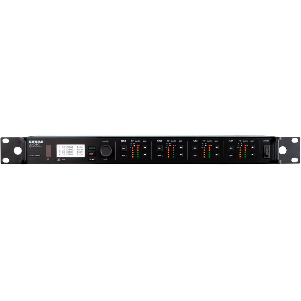 Цифровой четырехканальный приемник SHURE [ULXD4QE=-G65] съемные антенны, крепление в рек, Dante, 470 - 606 МГц