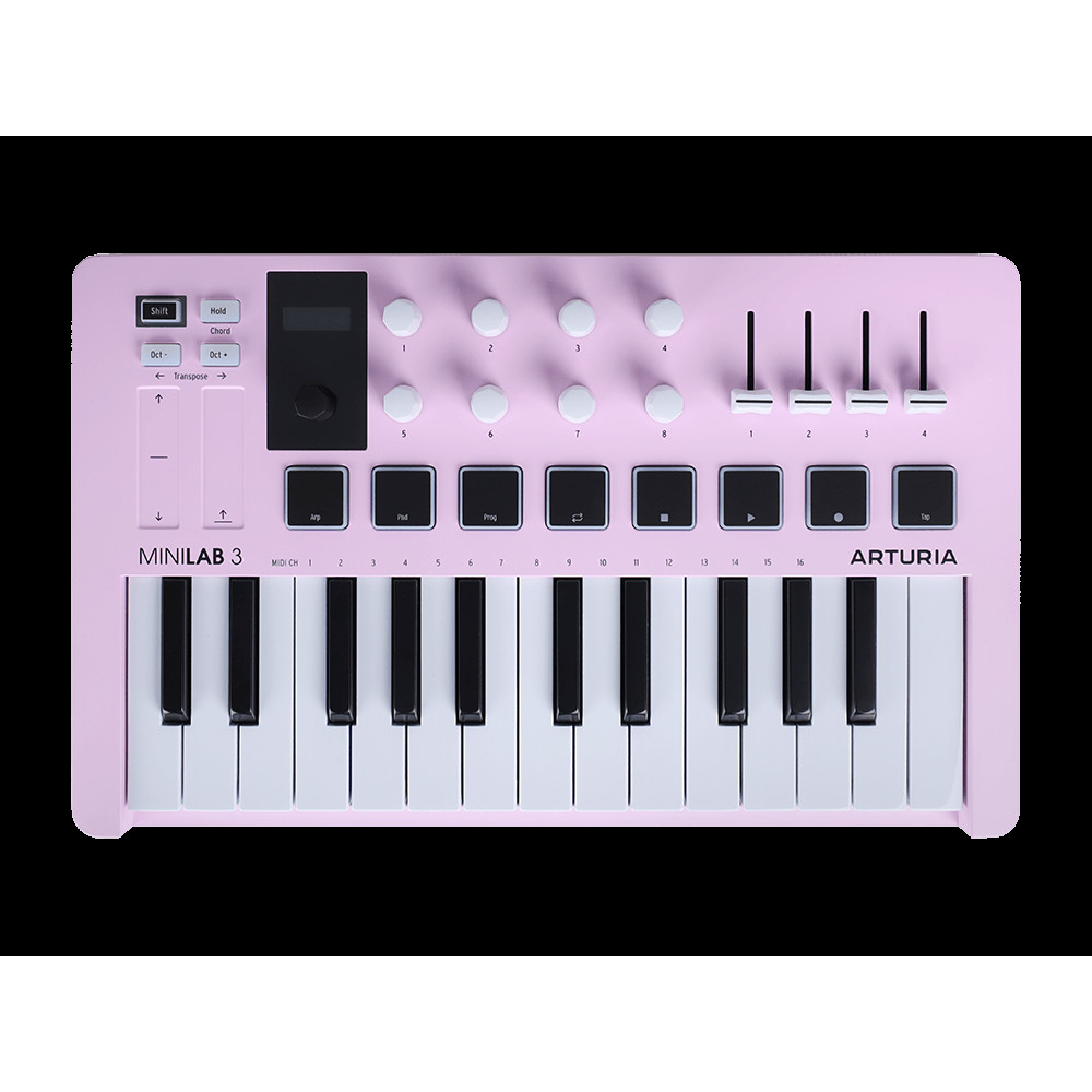 MIDI клавиатура [231509] Arturia [MiniLAB 3 Rose Quartz] 25 клавиш, 8 энкодеров, 8 RGB пэдов, 8 фейдеров, дисплей, сенсорные регуляторы Pitch/Modulation, MIDI-выход, 1/4" Jack вход педали, режим Chord, арпеджиатор, USB-C