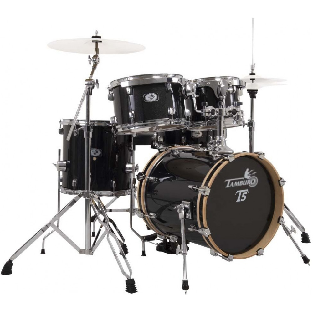 Ударная установка из 5 барабанов TAMBURO [T5NCP20BSSK] Бочка 20X16, томы 10X8, 12X9, 14X14, малый 14X5,5. Стойка для тарелки журавль, стойка хай-хэт, стойка для малого барабана, стул, педаль бас-барабана. Цвет Black Sparkle. Без тарелок.