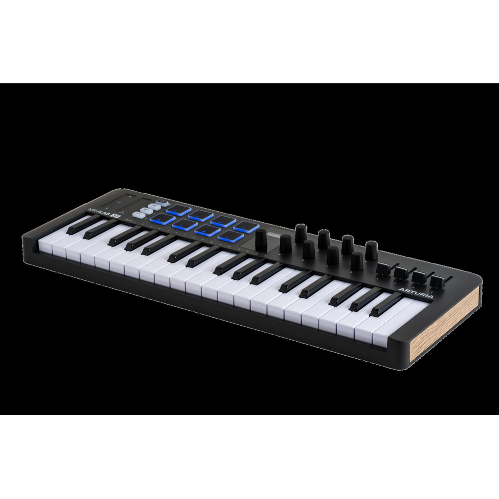 MIDI клавиатура Arturia [MiniLAB 3 37 Black] 37 клавиш, 8 энкодеров, 8 RGB пэдов, 8 фейдеров, дисплей, сенсорные регуляторы Pitch/Modulation, MIDI-выход, 1/4" Jack вход педали, режим Chord, арпеджиатор, USB-C
