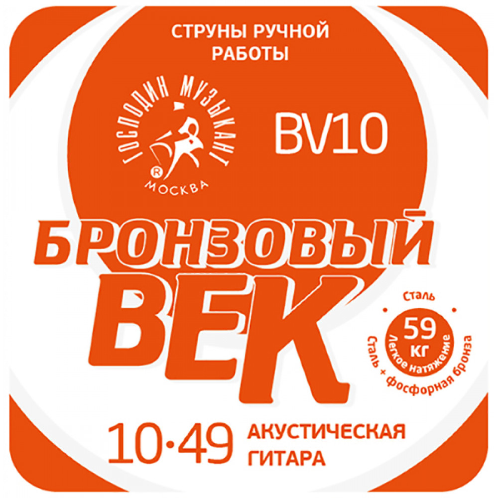 BV10 Бронзовый Век №10 Комплект струн для акустической гитары, 010-049, Господин Музыкант