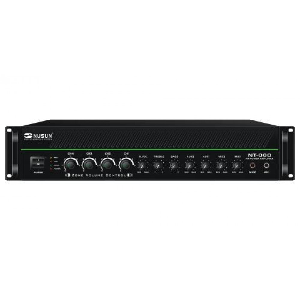 Nusun NT-080  трансляц. микшер-усилитель, 80W, 2микр+2 AUX, 70/100В, 4-16 Ом. регулировка по 4 зонам