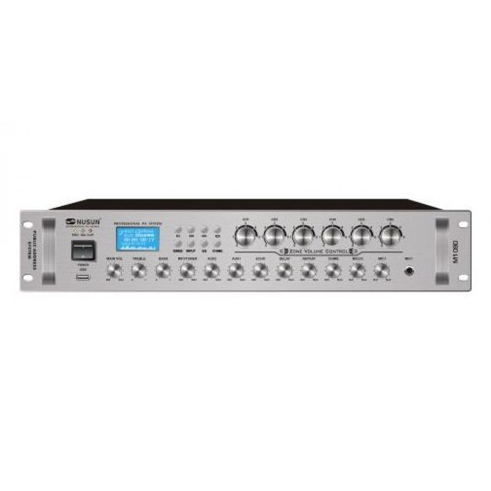 Nusun M-1080  микшер-усилитель 80W,FM-тюнер, MP3, USB,3 микр+2 AUX, 70/100В, 4-16 Ом. 6 регулир. зон