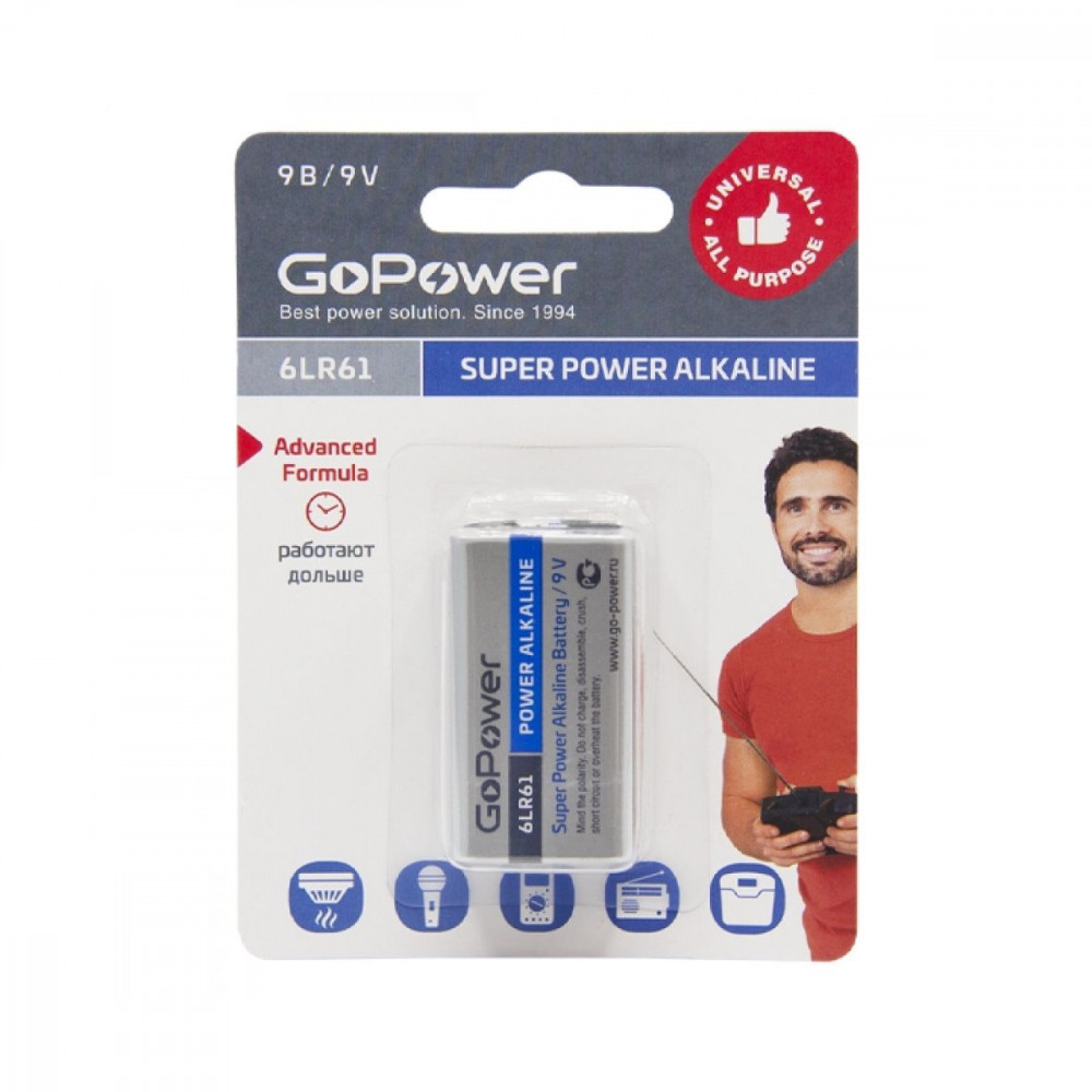 GoPower Super Power Alkaline 6LR61/1604A 9V  батарейка крона 9В