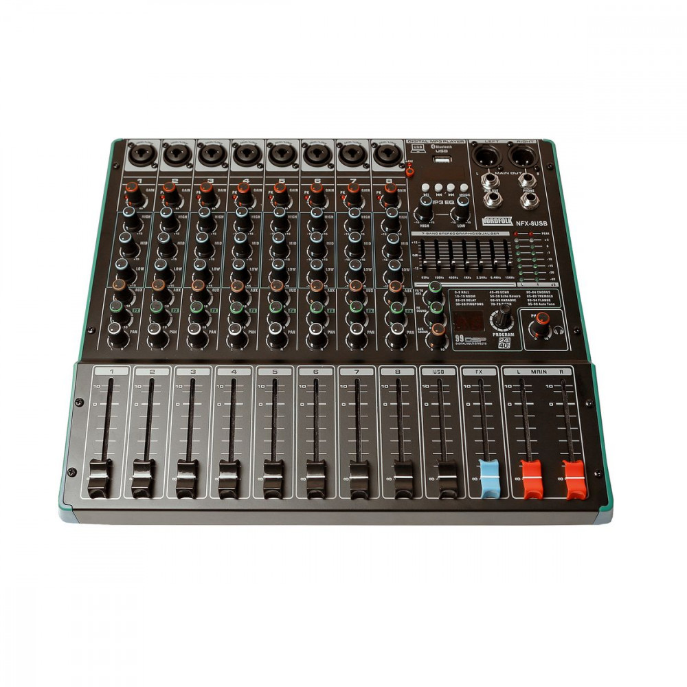 Nordfolk NFX-8USB  микш пульт, 8 микр/лин,1 стер USB, DSP, MP3 плеер, Bluetooth