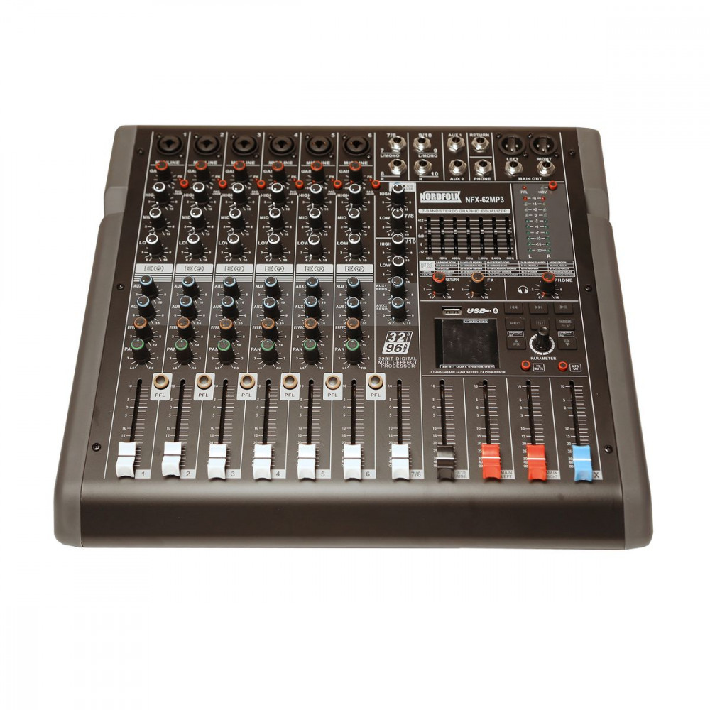 Nordfolk NFX-62MP3  микш пульт, 6 микр/2 стерео входа,DSP, MP3, Bluetooth
