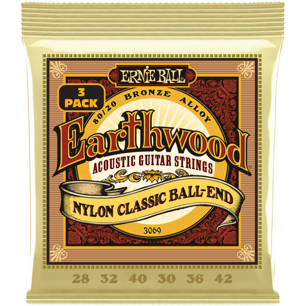 ERNIE BALL 3069 Earthwood 80/20 Folk Nylon 3 Pack 28-42 - Струны для классической гитары