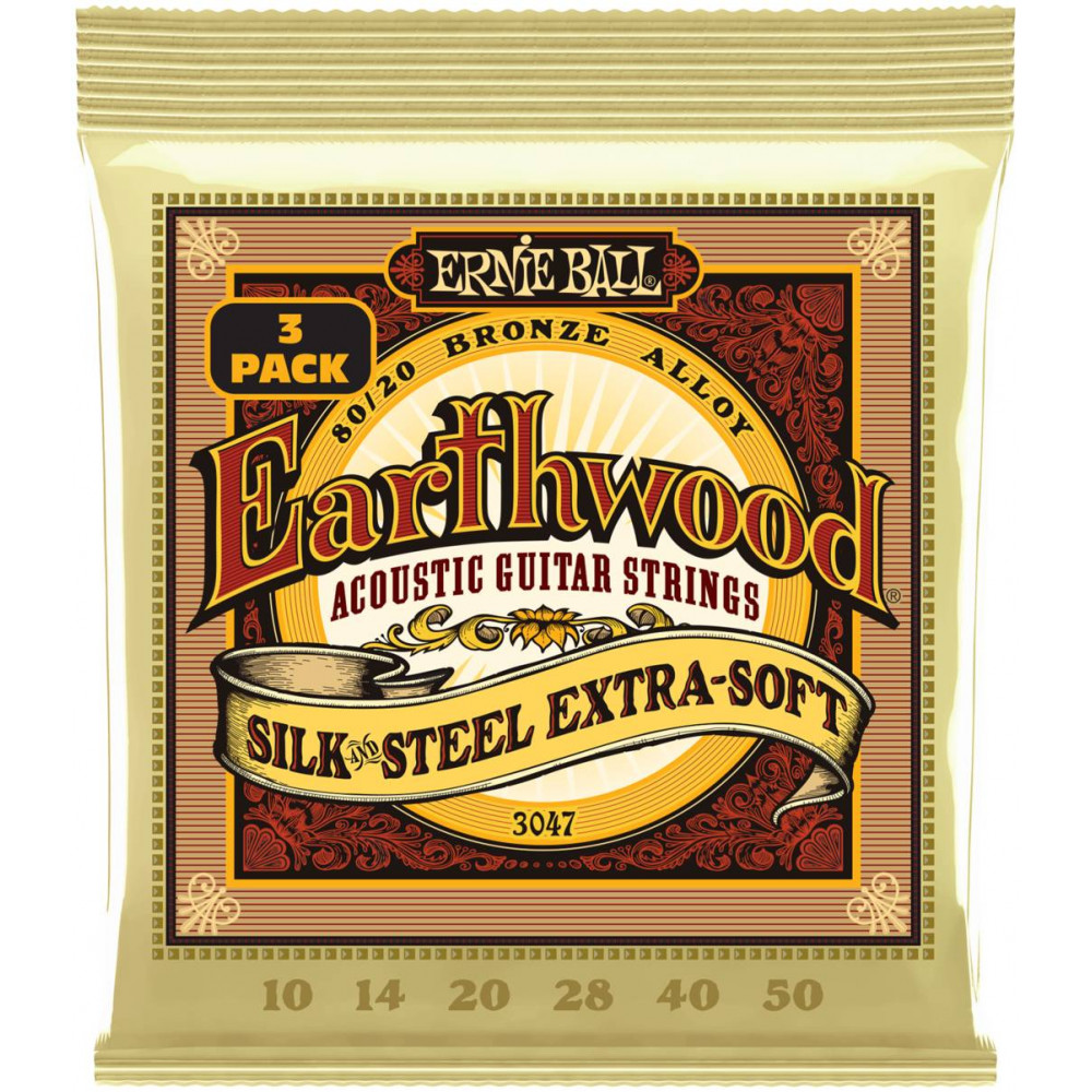 Струны для акустической гитары ERNIE BALL 3047 Earthwood 80/20 Silk and Steel Extra Soft 3 Pack 10-50