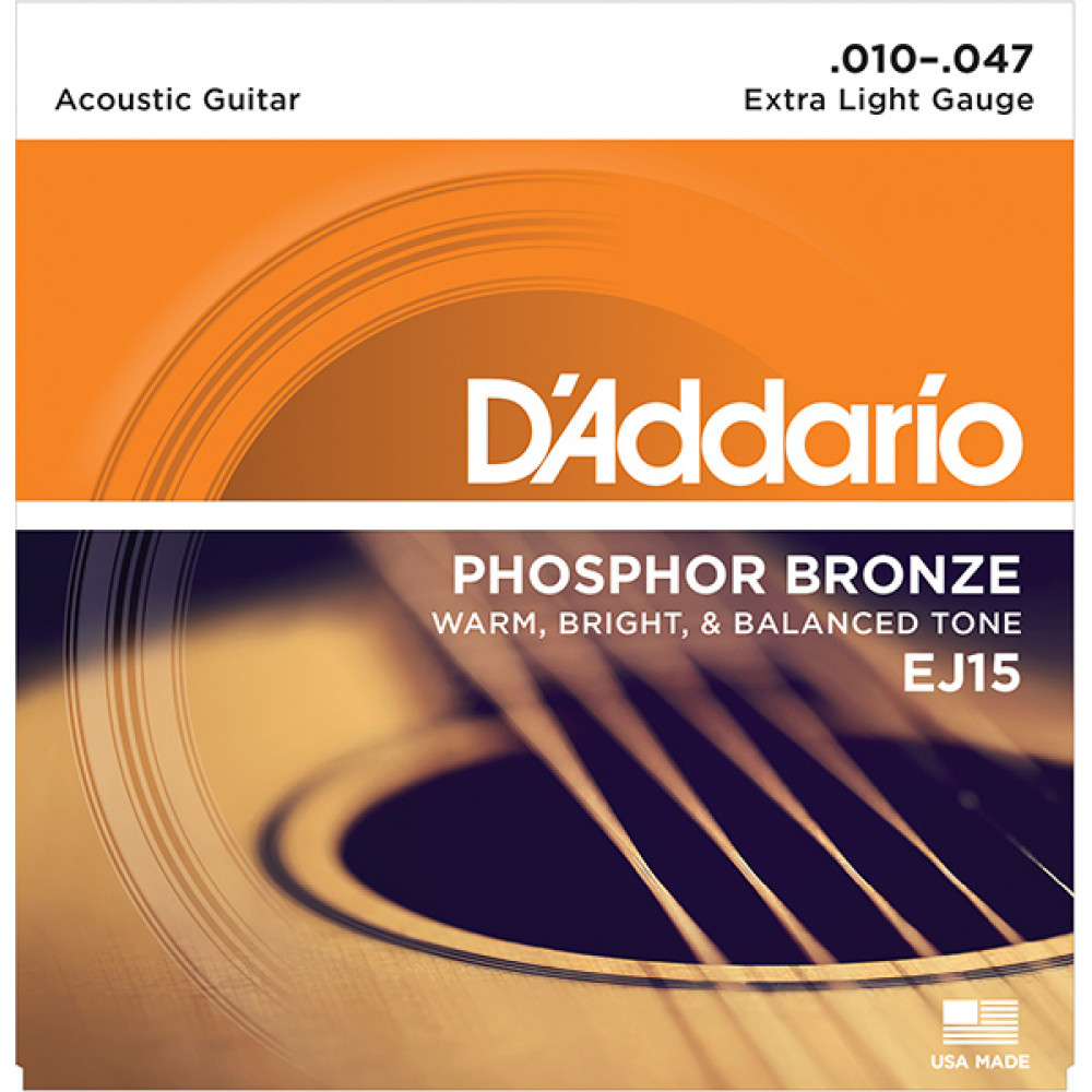 Струны для акустической гитары фосфорная бронза D'Addario EJ15 PHOSPHOR BRONZE, Extra Light 10-47