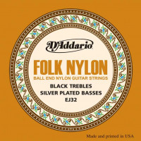 Комплект струн для акустической гитары D'Addaio EJ32 Folk Nylon, шарик на конце, нейлон/посеребрен
