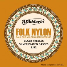 EJ32 Folk Nylon Комплект струн для акустической гитары, шарик на конце, нейлон/посеребрен, D'Addaio
