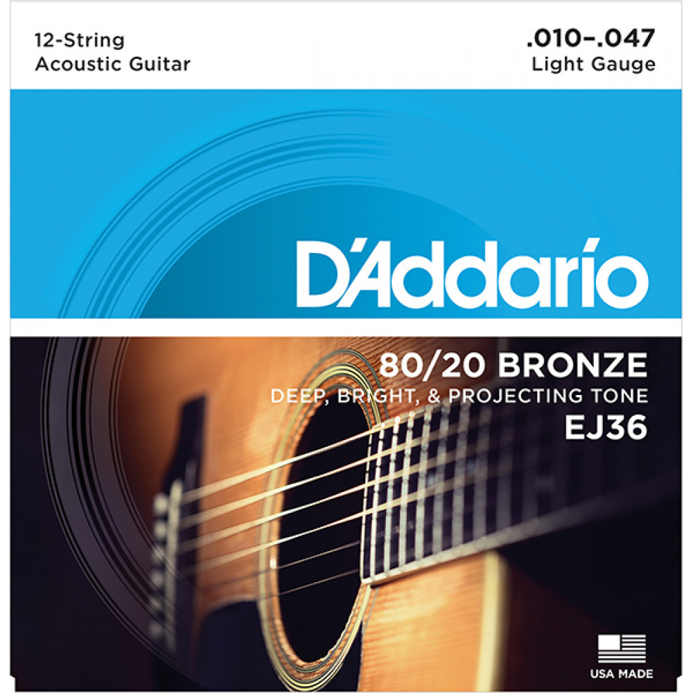 Струны для акустической 12-струнной гитары бронза D'Addario EJ36 BRONZE 80/20, Light 10-47