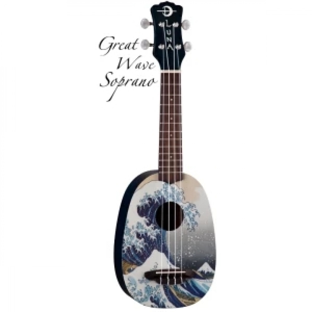 LUNA UKE GWS - укулеле, корпус 'pineaple', с чехлом, рисунок 'Большая волна' художника Хокусай