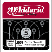 Отдельная стальная струна без обмотки D'Addario PL009-5 Plain Steel, 009, 5шт