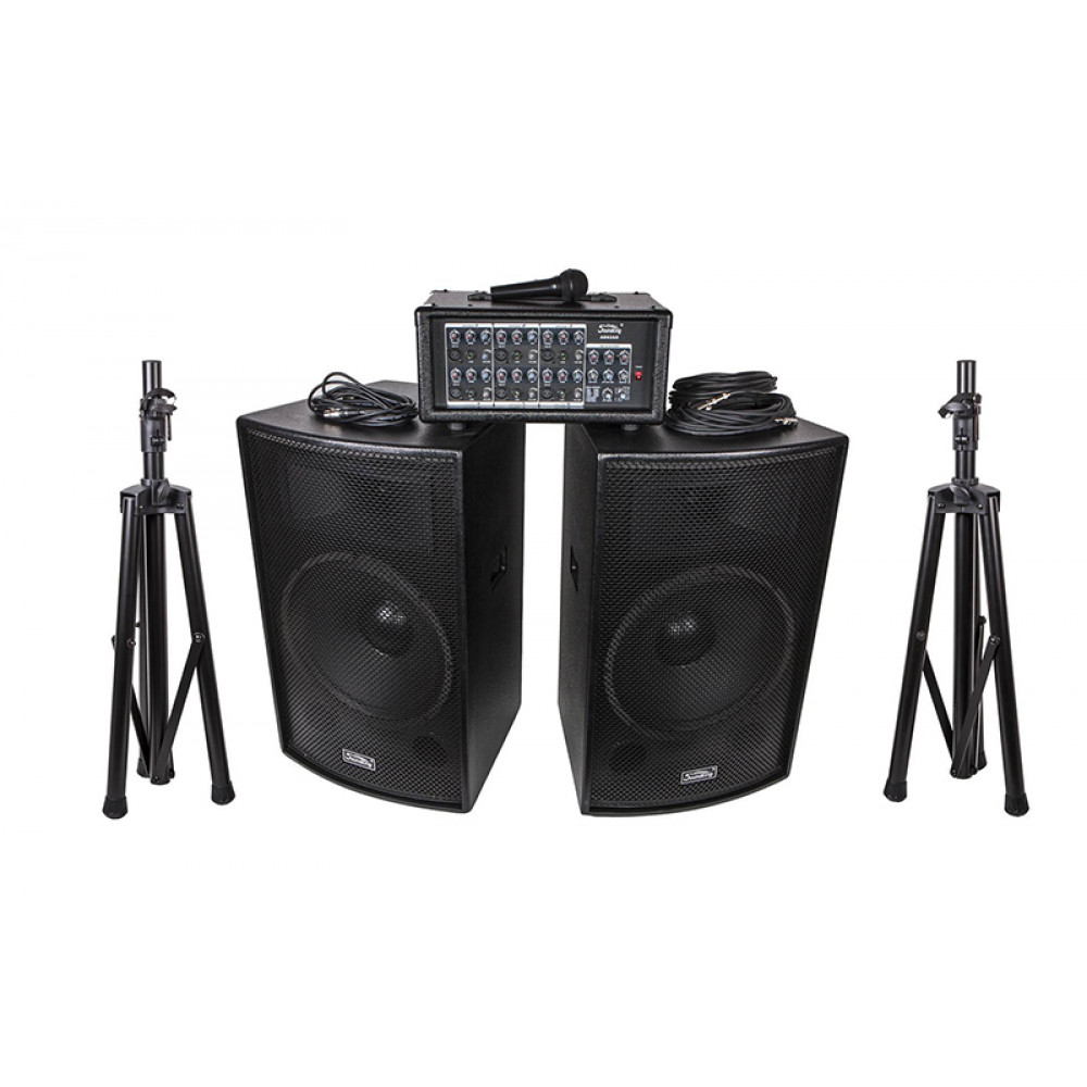 ZH0602D15LS Комплект акустической системы, микшер, микрофон, кабели, 2х250Вт, Soundking